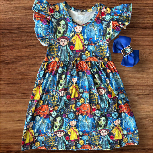 Coraline Buttons Blue Dress and Bow