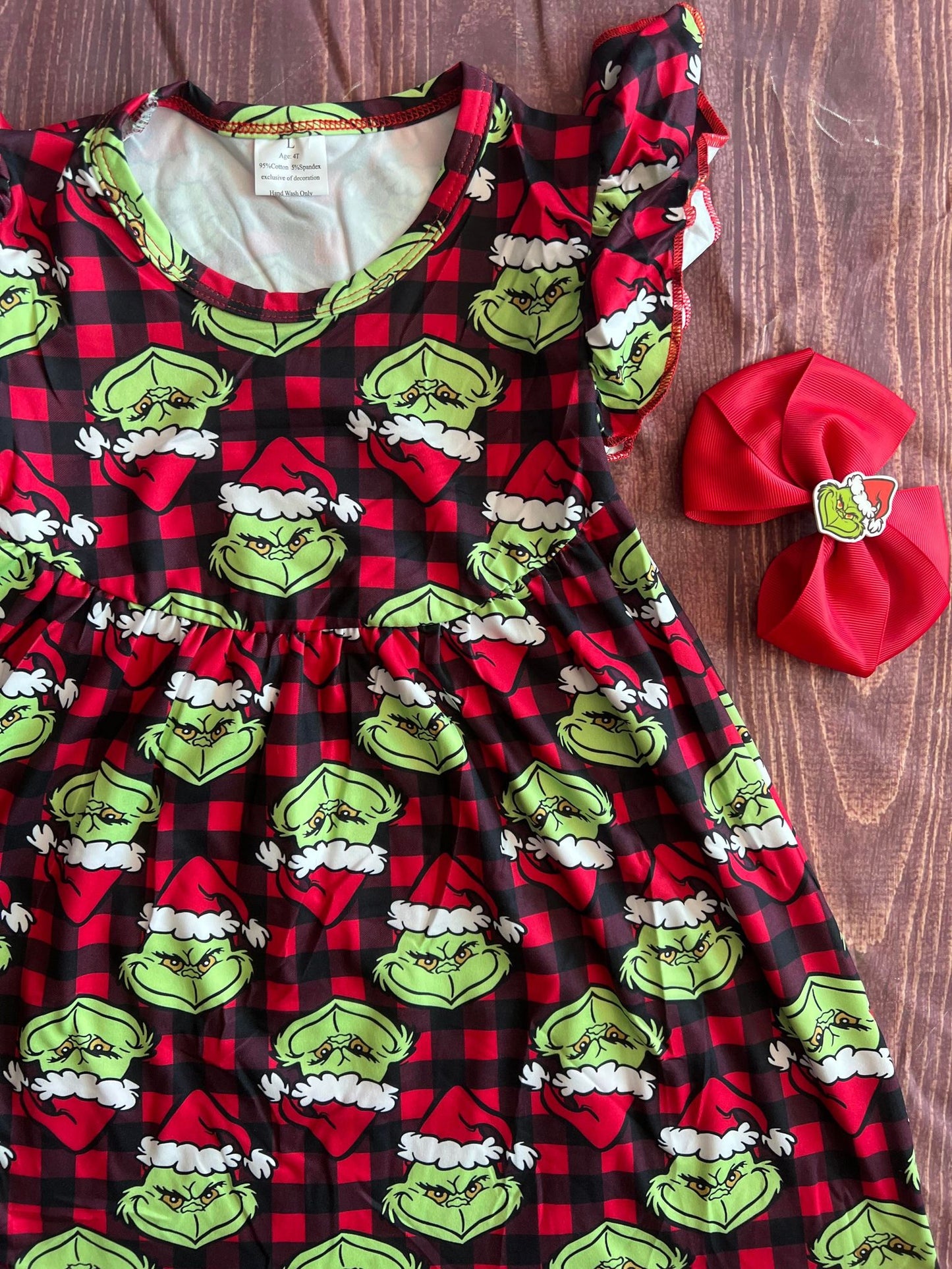 Grinch Plaid Christmas Dress and bow