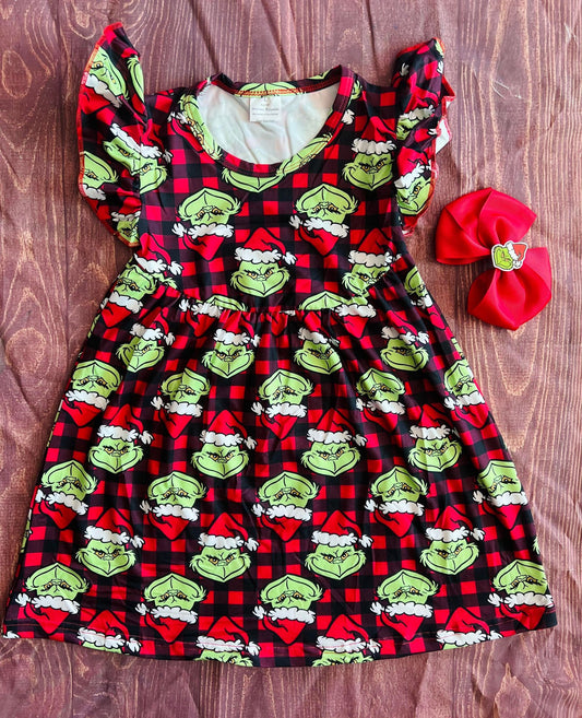 Grinch Plaid Christmas Dress and bow