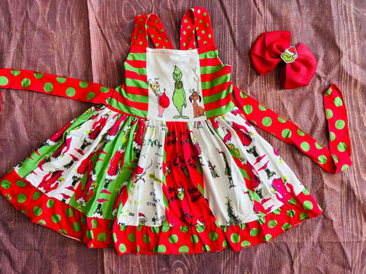 Grinch Twirl Christmas Dress and bow