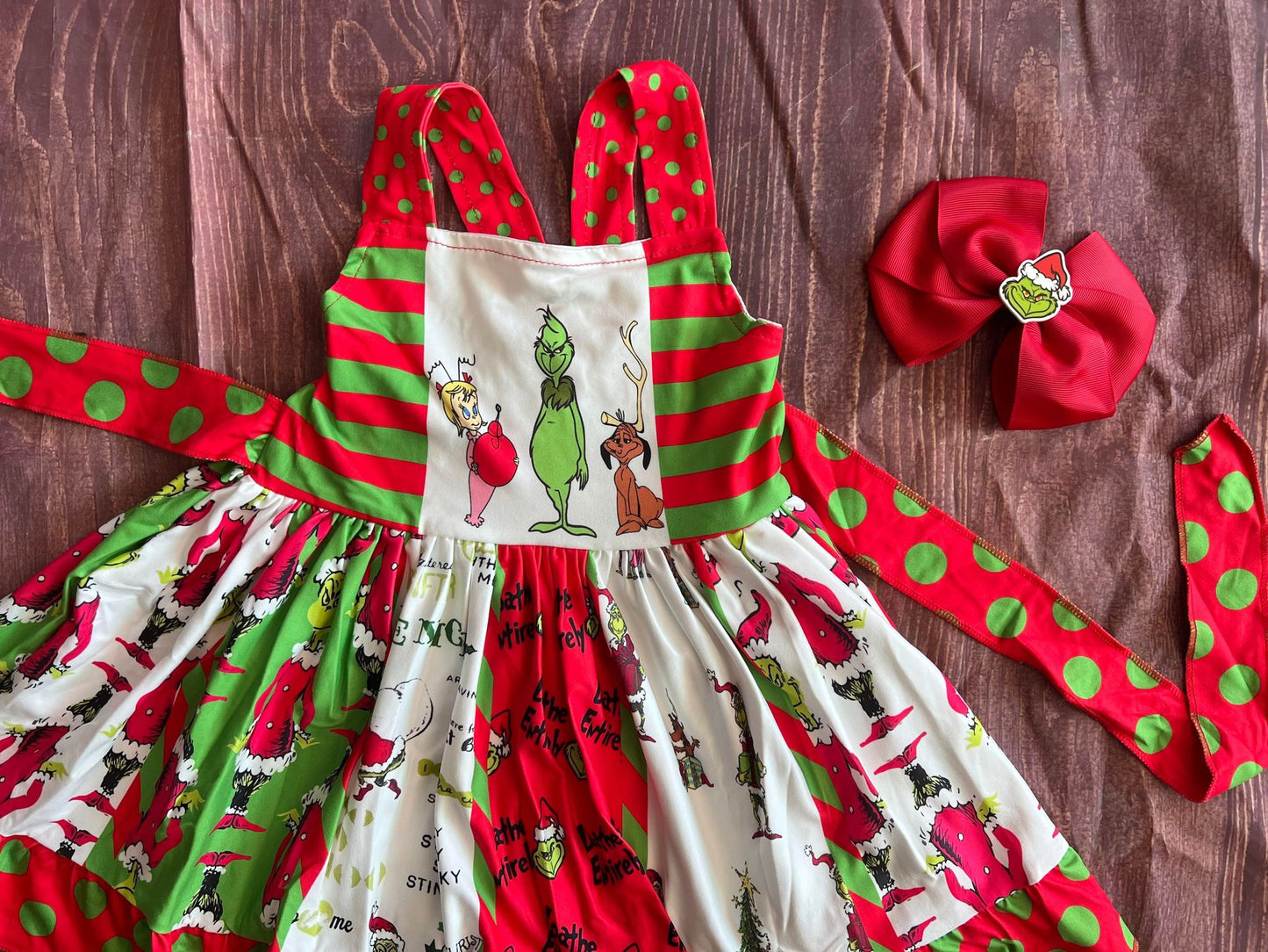 Grinch Twirl Christmas Dress and bow