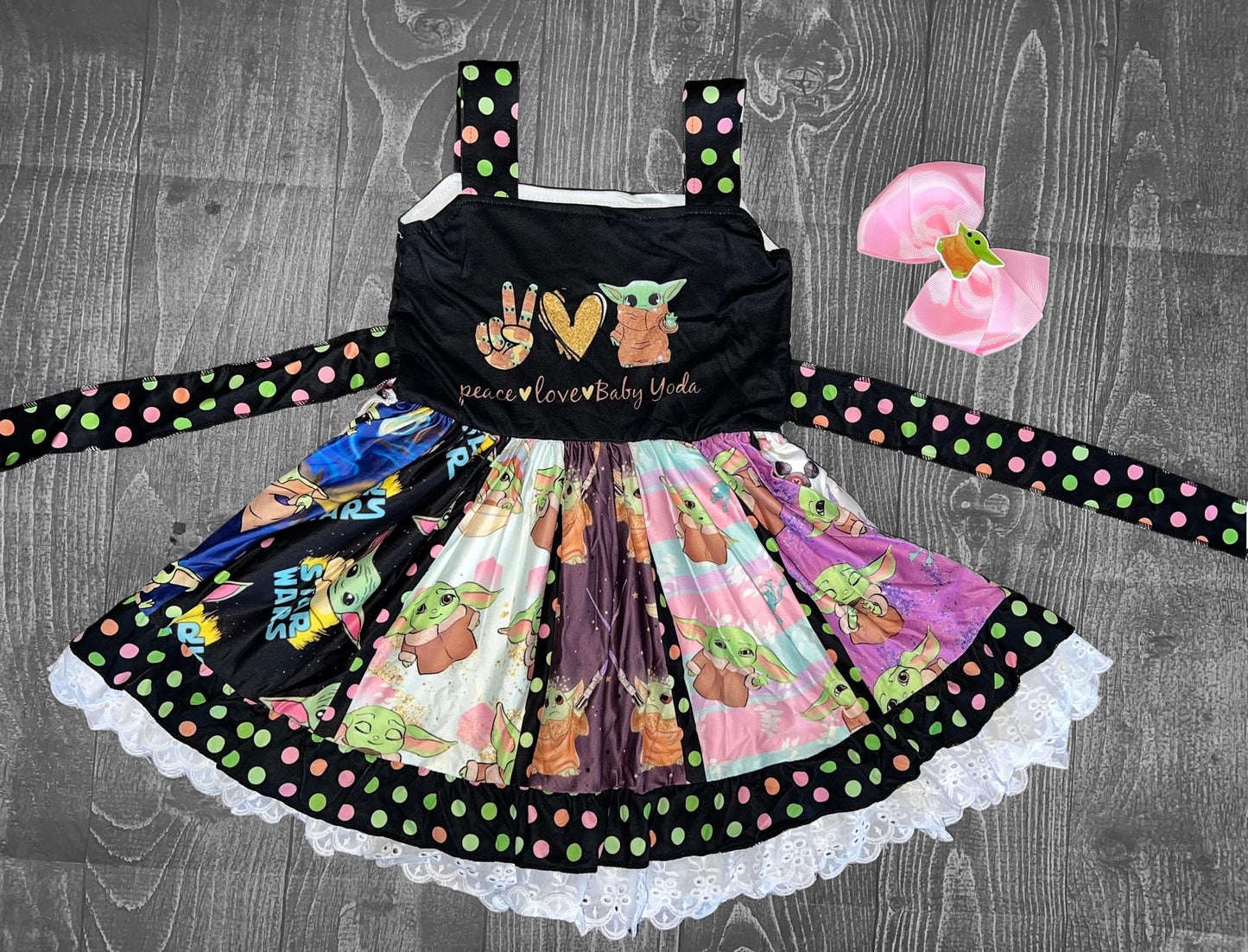 Baby Yoda Twirl Dress and Bow